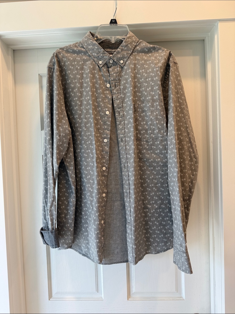 Express Men's Gray Button-Down Shirt with Small White Floral Pattern